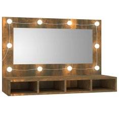 Vidaxl Omarica z ogledalom in LED lučkami dimljen hrast 90x31,5x62 cm