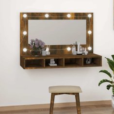 Vidaxl Omarica z ogledalom in LED lučkami dimljen hrast 90x31,5x62 cm