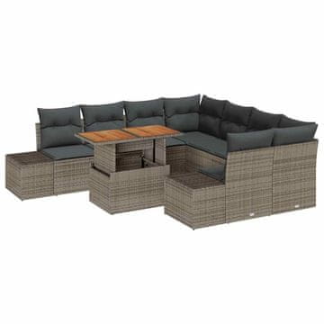 Vidaxl Komplet za jedilnico v vrtu z blazino 9 pcs Siva in rjava
