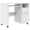 Vidaxl Miza na kolesih s predalom Bela 91 x 50 x 77 cm Konstruiran les
