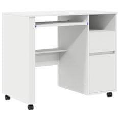 Vidaxl Miza na kolesih s predalom Bela 91 x 50 x 77 cm Konstruiran les