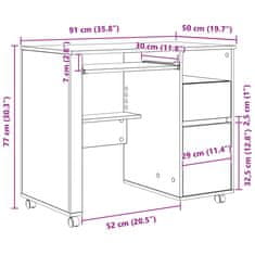 Vidaxl Miza na kolesih s predalom Bela 91 x 50 x 77 cm Konstruiran les