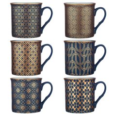 UNBRANDED Mornarsko modre porcelanaste skodelice z zlatim vzorcem, 6 kosov 