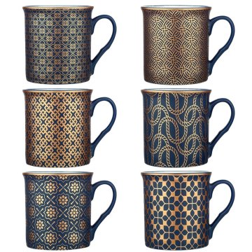 UNBRANDED Mornarsko modre porcelanaste skodelice z zlatim vzorcem, 6 kosov