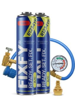 shumee FIXFY 5v1 komplet za polnjenje klimatske naprave 2x VELIKA PLOČEVINKA 500 ml + cev z manometrom + adapter za R1234yf