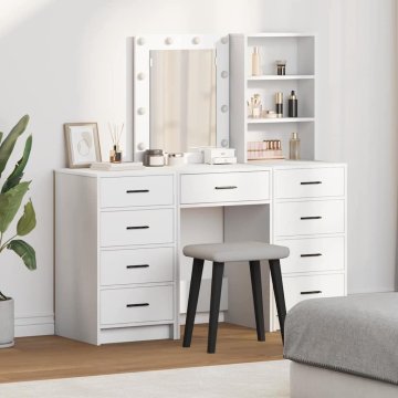 Vidaxl 3 delni komplet toaletne mizice z LED belo inženirsko les