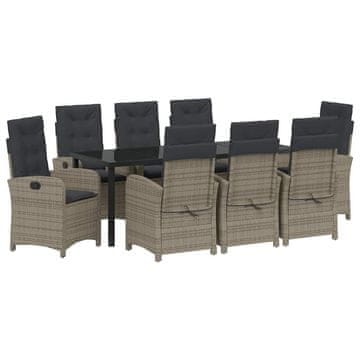 Vidaxl Komplet za jedilnico v vrtu z blazino 9 pcs Siva poli ratan