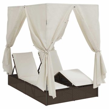 Vidaxl Dvojni ležalnik s streho Rjava 205 x 129 x 200 cm PE ratan