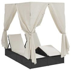 Vidaxl Dvojni ležalnik s streho in zavesami Črna 203 x 128 x 202 cm
