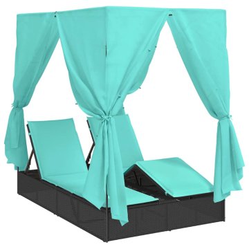 Vidaxl Dvojni ležalnik s streho Črna 205 x 129 x 200 cm PE ratan