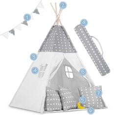 shumee Otroški šotor tipa teepee z girlando in lučkami - svetlo siv z zvezdicami