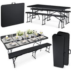 shumee Vrtni komplet za catering, zložljiva miza + 2 klopi 180 cm Plonos črne barve