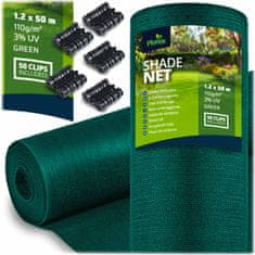 shumee Senčna mreža 1,2 x 50 m 110 g/m2 + 50 sponk zelene barve