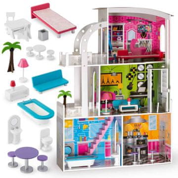 shumee Velika 3-nadstropna lesena hišica za punčke + pohištvo + terasa + dvigalo