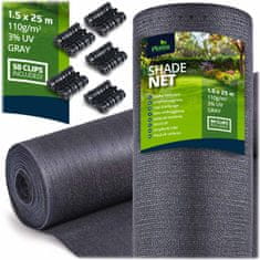 shumee Senčna mreža 1,5 x 25 m 110 g/m2 + 50 sponk siva