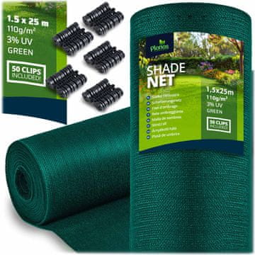 shumee Senčna mreža 1,5 x 25 m 110 g/m2 + 50 sponk zelene barve