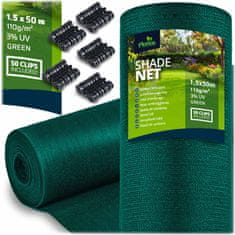 shumee Senčna mreža 1,5 x 50 m 110 g/m2 + 50 sponk zelene barve
