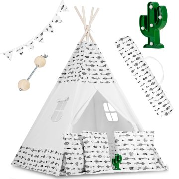 shumee Otroški šotor tipa teepee z girlando in lučkami - bel s puščicami