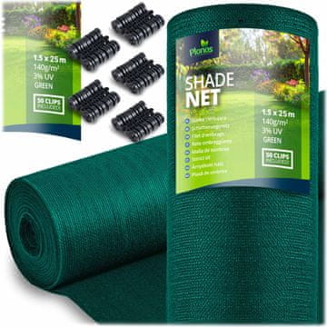 shumee Senčna mreža 1,5 x 25 m 140 g/m2 + 50 sponk zelene barve