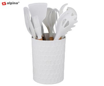 Alpina komplet kuhinjskih pripomočkov, silikon, bambus, 12 kos, bel + stojalo