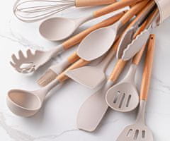 Alpina komplet kuhinjskih pripomočkov, silikon, bambus, 12 kos, bež + stojalo