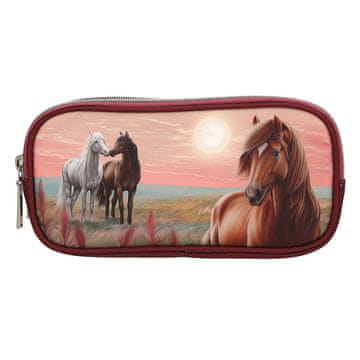 Miss Melody Oválný penál se dvěma přihrádkami Dreamland, Vínový, tři koně na louce