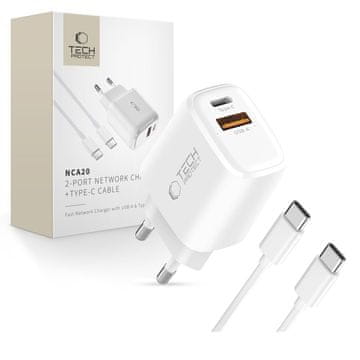 Tech-protect NCA20 omrežni polnilec 20W PD QC + kabel USB-C, bel