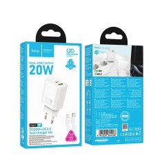 Hoco Mrežni polnilnik za telefon Hoco USB A + USB C QC3.0 PD 3A 20W + kabel USB C za Lightning N61 bel