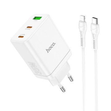 Hoco Hoco omrežni polnilnik za mobilne telefone, 2 x USB C + USB A QC3.0 PD 3A 35W + kabel USB C na Lightning N33, bel