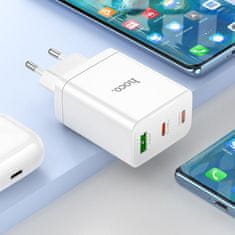 Hoco Mrežni polnilnik za telefon Hoco 2 x USB C + USB A QC3.0 PD 3A 35W+ kabel USB C na USB C N33 bel
