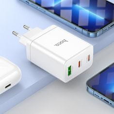 Hoco Mrežni polnilnik za telefon Hoco 2 x USB C + USB A QC3.0 PD 3A 35W N33 bel