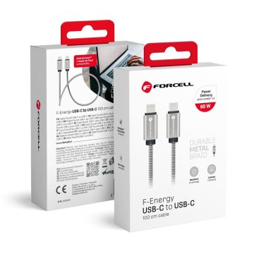 FORCELL USB kabel C na USB C Forcell F-Energy QC4.0 PD 3A 60W kovinski 1 m C237 srebrni