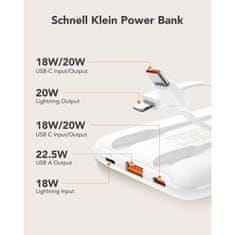 VEGER VEGER powerbank 10000 mAh z vgrajenimi kabli tipa C / Lightning PD QC3.0 2A 22,5W C11C (W1170) bel