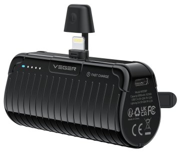 VEGER VEGER powerbank 5000 mAh z vgrajenim priključkom Lightning PlugOn PD QC3.0 2,4A 20W W0558P črn