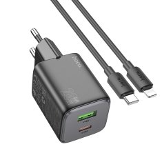 Hoco Mrežni polnilnik za telefon Hoco USB A + USB C QC PD 3A 20W + kabel USB C za Lightning N41 črn
