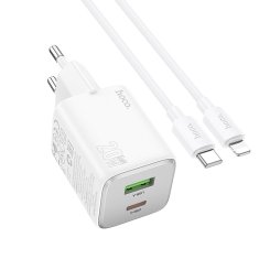 Hoco Mrežni polnilnik za telefon Hoco USB A + USB C QC PD 3A 20W + kabel USB C za Lightning N41 bel