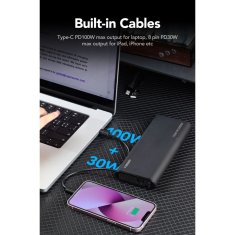 VEGER VEGER powerbank 25000 mAh z vgrajenimi kabli tipa C / Lightning PD 130W TCE130 (W2503) črn