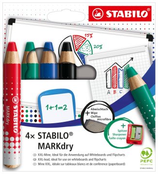 Stabilo MARKsuh marker za bele table in flipcharte - komplet 4 kosov z brusilec in krpo