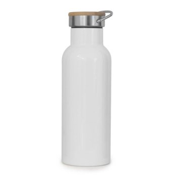 Termobotelja z bambusovim zamaškom z odtisom, 500 ml, nerjaveče jeklo, bela