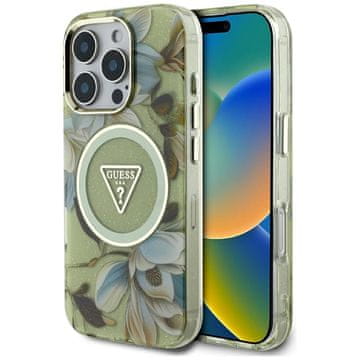 Guess GUESS etui za IPHONE 16 Pro, združljiv z MagSafe GUHMP16LHFLPEDN (IML Metal Glitter Flowers Triangle) zelen