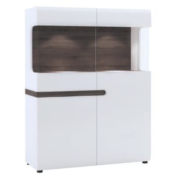 KONDELA Vitrina Lynatet 33 - bela visoki sijaj / hrast sonoma tartuf