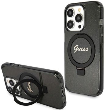 Guess GUESS ovitek za iPhone 15 Pro Max, združljiv z MagSafe GUHMP15XHRSGSK za iPhone 15 Pro Max (združljiv z Magsafe / bleščečim logotipom / stojalom za obroč / črn)