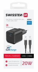SWISSTEN napajalnik Gan 1x USB-C 20W črn + podatkovni kabel USB-C - USB-C 1,2 m črn