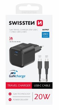 SWISSTEN napajalnik Gan 1x USB-C 20W črn + podatkovni kabel USB-C - USB-C 1,2 m črn