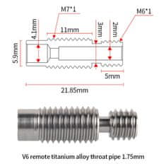 Start3Dprint Navojno grlo iz titanove zlitine za V6 Hotend - filament 1,75 mm, dolžina 22 mm, M7/M6 navoji