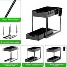Netscroll Dvostopenjski organizator za pod umivalnik s premično košaro in kavlji, brez vrtanja, regal za kopalnico, kuhinjo ali pisarno, črn, Shelfy