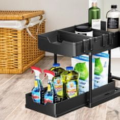 Netscroll Dvostopenjski organizator za pod umivalnik s premično košaro in kavlji, brez vrtanja, regal za kopalnico, kuhinjo ali pisarno, črn, Shelfy