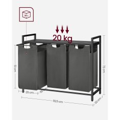Northix Košara za perilo 3-prekatna s polico, črna/siva 