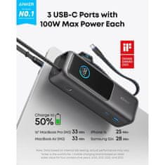 Anker Powerbank 25000 mAh z vgrajenim kablom USB-C, 165W, črn