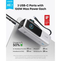 Anker Powerbank 25000 mAh z vgrajenim kablom USB-C, 165W, srebrn